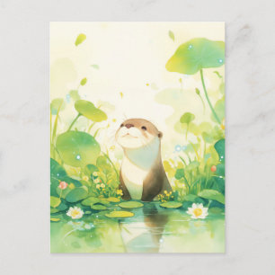 Scherzhafte Otter in grünem Lilienteich Postkarte
