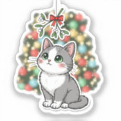 Scheue Mistelkatze süß errötende Weihnachtskatze Aufkleber (Vorderseite)