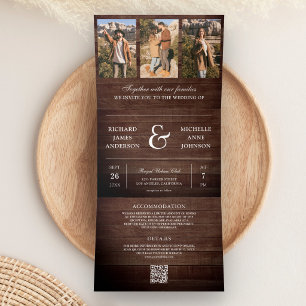 Scheunenholz-Minimal-Foto-Collage-QR-Code-Hochzeit Dreifach Gefaltete Einladung