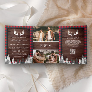 Scheunenholz-Rot-Buffalo-Karo- QR-Code-Hochzeit Dreifach Gefaltete Einladung