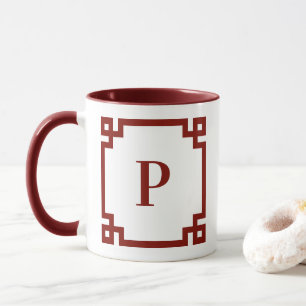 Scheunenrote Griechische Schlüsselrand-Monogramm Tasse