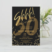 Schhhh! Es ist eine überraschende Gold Black Birth Einladung (Stehend Vorderseite)