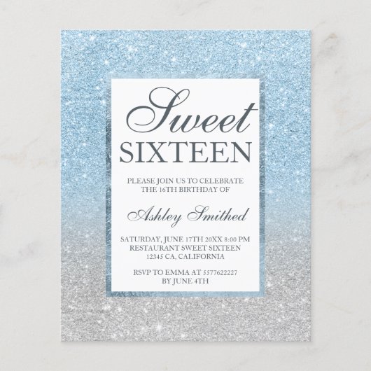 Schick blauer Glitzer elegantes Budget Sweet 16 si (Vorderseite)