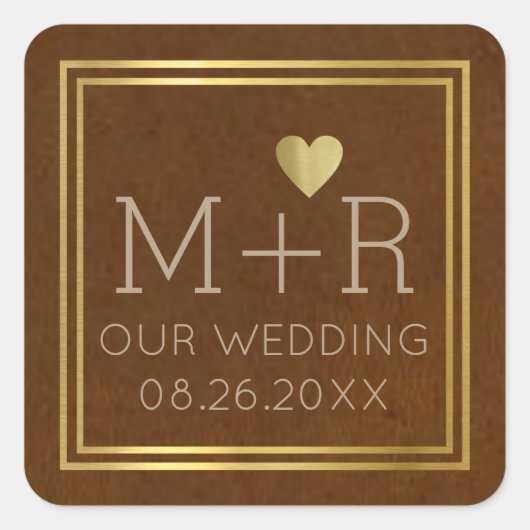 schick-braune Hochzeit mit Monogramm Quadratischer Aufkleber (Vorderseite)