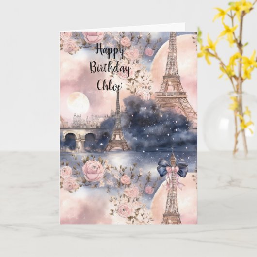 Schick Französisch Rosa Blau Paris Eiffelturm Gebu Karte (Gelbe Blume)