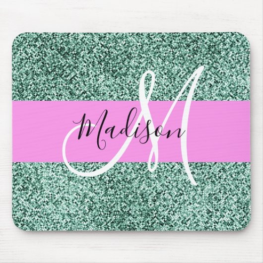 Schick Glam Rosa Grün Glitter Funkeln Monogramm Mousepad (Vorne)