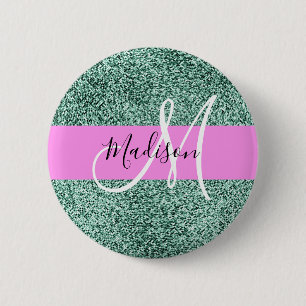 Schick Glam Rosa Grün Glitter Funkeln Name Monogra Button