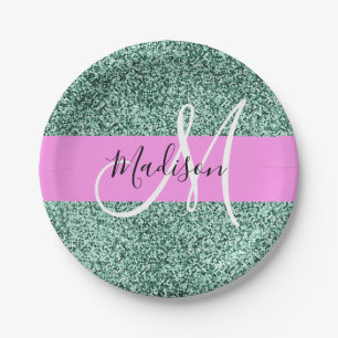 Schick Glam Rosa Grün Glitter Funkeln Name Monogra Pappteller