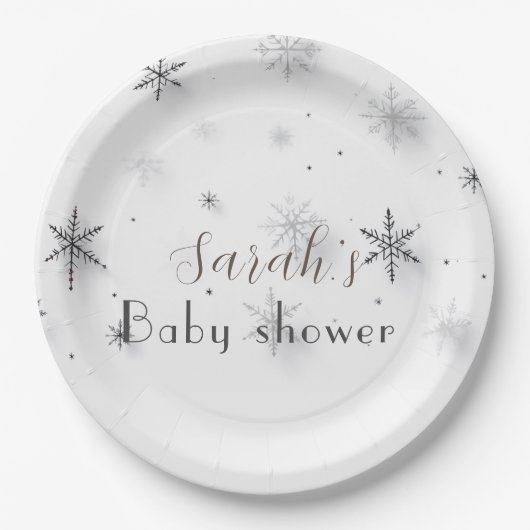 schick graue Schneeflocken Winter Baby Dusche Pappteller (Vorderseite)