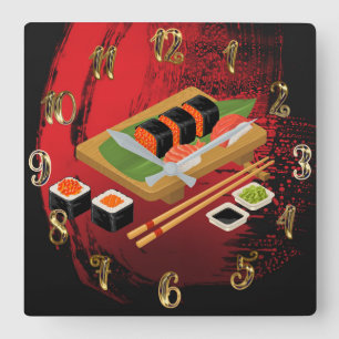 Schick Modern Elegant Schwarz & Rot Sushi Quadratische Wanduhr