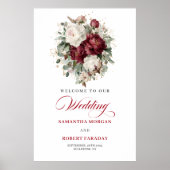 Schick Rustikal Burgund Floral Eukalyptus Willkomm Poster (Vorne)