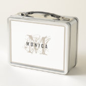 Schick-rustikale moderne beige Monogramm Metall Brotdose (Rückseite)