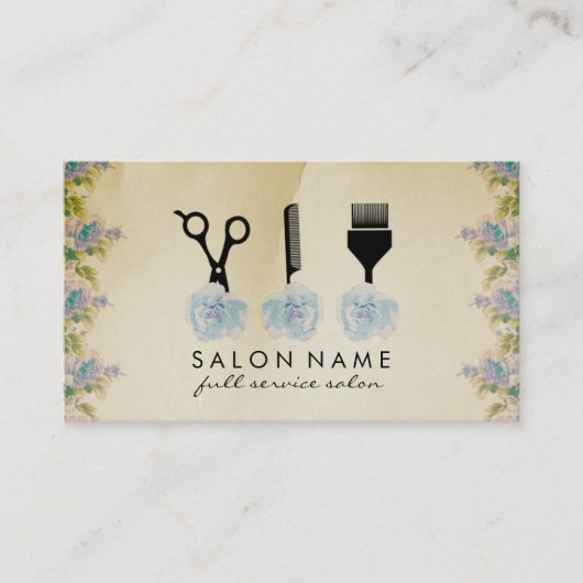 schick-Vintage Haarstyllische blaue Rose Visitenkarte (Vorderseite)