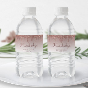 Schicke 50. Geburtstagsfeier in Rose Gold Glitter  Wasserflaschenetikett