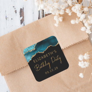 Schicke Achat-Geoden-Teal-Gold-Geburtstagsfeier fü Quadratischer Aufkleber