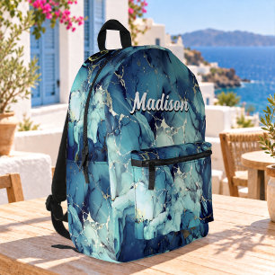 schicke aqua blaue Marmor-Faux-Gold-Glitter-Monogr Bedruckter Rucksack