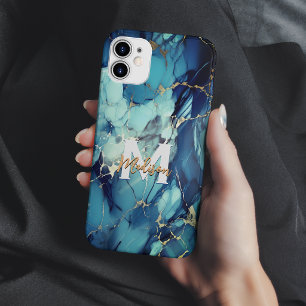 schicke aqua-blaue Marmor-Faux-Gold-Glitzer-Monogr Case-Mate iPhone 14 Hülle