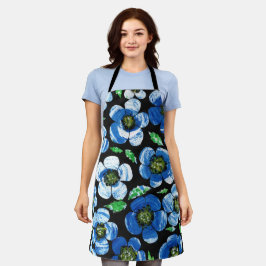 Schicke blaue Acrylblumen auf schwarzer Küchenschü Schürze