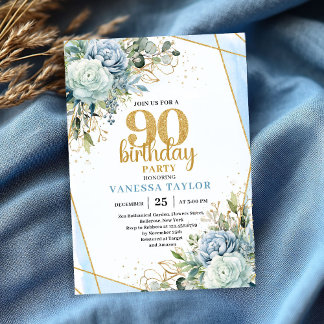 Schicke blaue Blumen Goldene 90. Geburtstagsfeier- Einladung