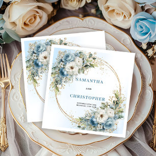 Schicke blaue Blumen Goldrahmen Hochzeitsserviette Serviette