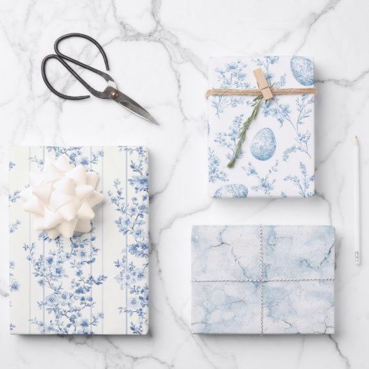 Schicke blaue Blumen-Oster-Eier Geschenkpapier Set (Vorderseite)