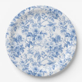 Schicke blaue französische Toile-Rosen Blumen-Papi Pappteller (Vorderseite)
