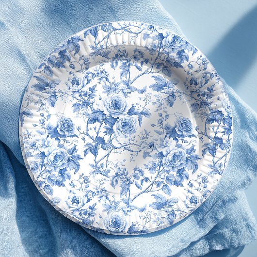 Schicke blaue französische Toile-Rosen Blumen-Papi Pappteller