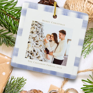 Schicke blaue Gingham-Karo-Familien-Weihnachtsfoto Keramikornament