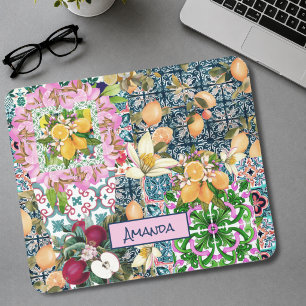 Schicke blaue rosa sizilianische Zitrus-Blumenflie Mousepad