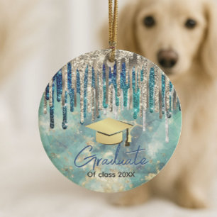 Schicke blaue Türkis-Gold-Glitter-Tropfen absolvie Keramik Ornament