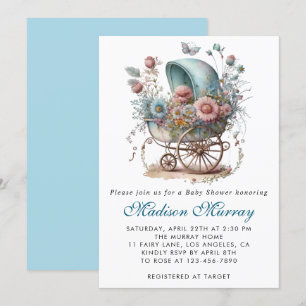 Schicke blaue und rosa florale Buggy Kinderwagen B Einladung