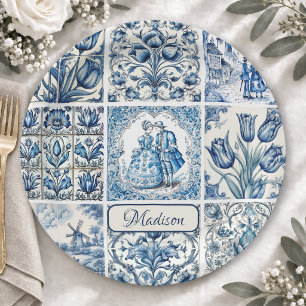 Schicke blaue weiße Toile de Jouy Puppen und Blume Pappteller