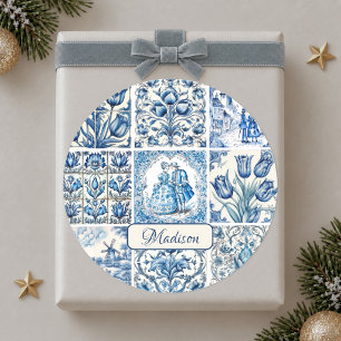 Schicke blaue weiße Toile de Jouy Puppen und Blume Runder Aufkleber
