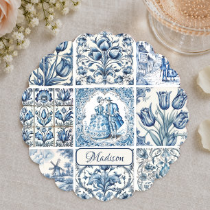 Schicke blaue weiße Toile de Jouy Puppen und Blume Untersetzer