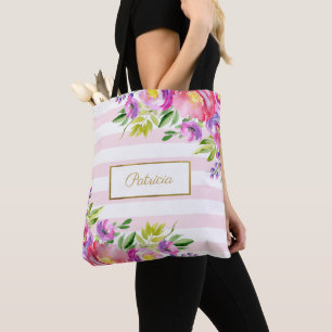 Schicke Blumenaquarell Rosa und Weiße Streifen Tasche