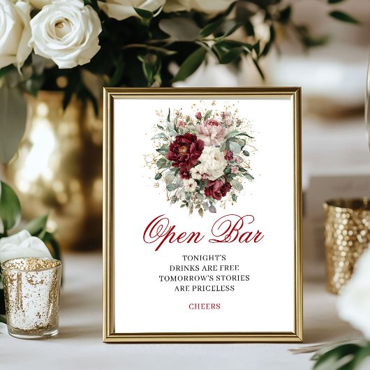 Schicke Blush-Burgunder-Blumen-Open-Bar-Schild Poster