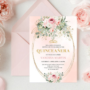 Schicke Blush-Pink-Blumen-Gold-Quinceañera-Boho-Ei Einladung