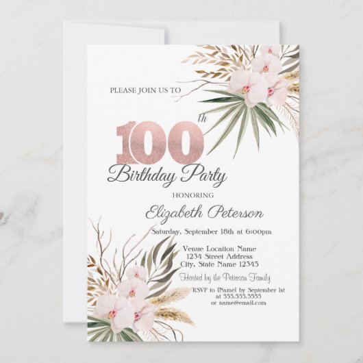 Schicke Boho-Blumen 100. Geburtstag Einladung (Vorderseite)