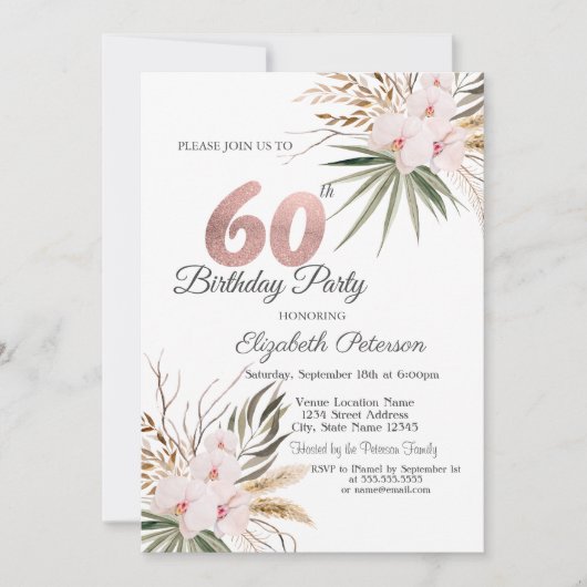 Schicke Boho-Blumen 60. Geburtstag Einladung (Vorderseite)