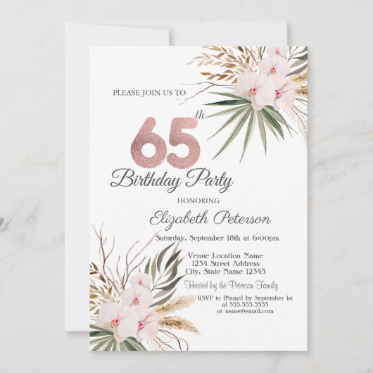 Schicke Boho-Blumen 65. Geburtstag Einladung (Vorderseite)