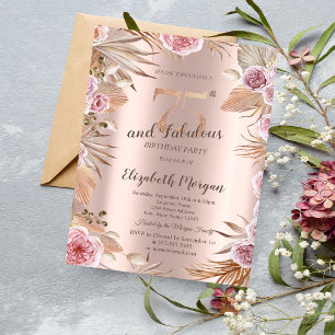 Schicke Boho Blumen Rosen Gold 75. Geburtstag Einladung