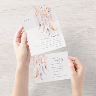 Schicke Boho-Feder-Traumfänger-Watercolor-Hochzeit All In One Einladung