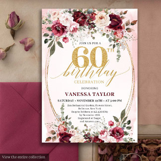 Schicke Boho-Marone-Gold-Blumen-Einladung zum 60.  Einladung