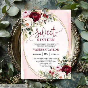 Schicke Boho-Rosé-Burgunder-Rosen-Sweet-16-Einladu Einladung