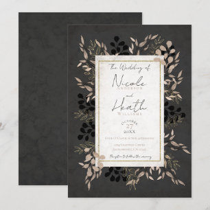 Schicke botanische Blätter Grau Rosa Gold Hochzeit Einladung