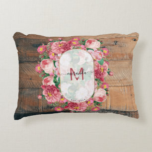 Schicke botanische Vintage-Kranz-Monogramm-Holz Dekokissen