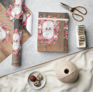 Schicke botanische Vintage-Kranz-Monogramm-Holz Geschenkpapier
