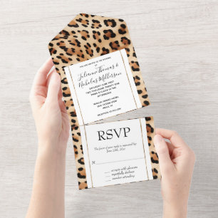 Schicke braune cremefarbene Leopard-Hochzeit All In One Einladung