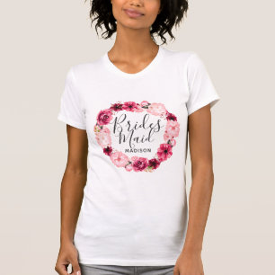 Schicke Burgund & Rosa Florale Hochzeitsjungfer T-Shirt