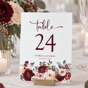 Schicke burgunderrote Florale Hochzeit Tischnummer